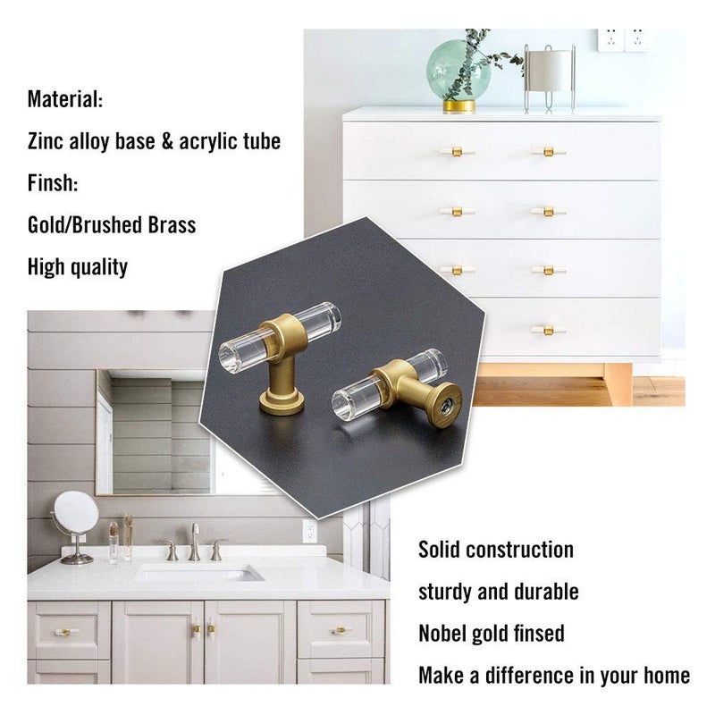 Goldenwarm 5 Pack-Clear Acrylic Drawer Knobs Brushed Brass Cabinet Hardware - LS9165GD T Bar Acrylic Drawer Pulls Gold Clear Cabinet Hardware Single Hole Drawer Pulls - Image 4